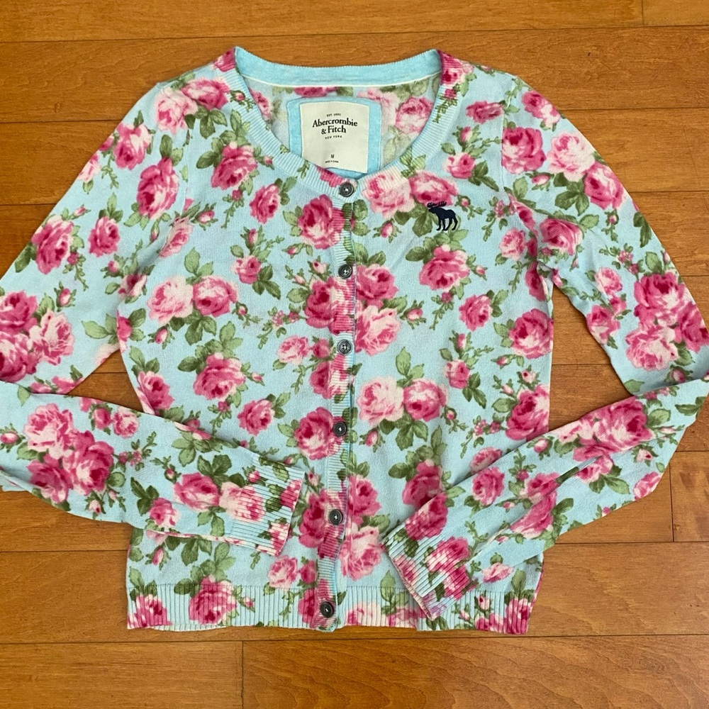 Blue and pink floral, cute button down sweater/cardigan, Abercrombie and Fitch